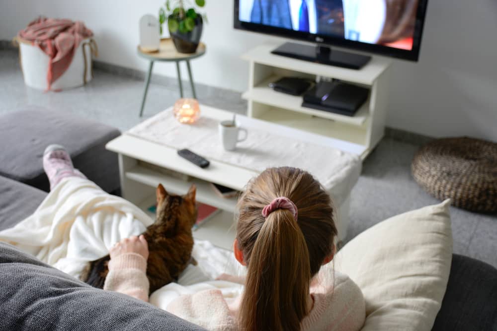 femme avec son chat sur les genoux regardant une émission de Philippe Etchebest à la télé