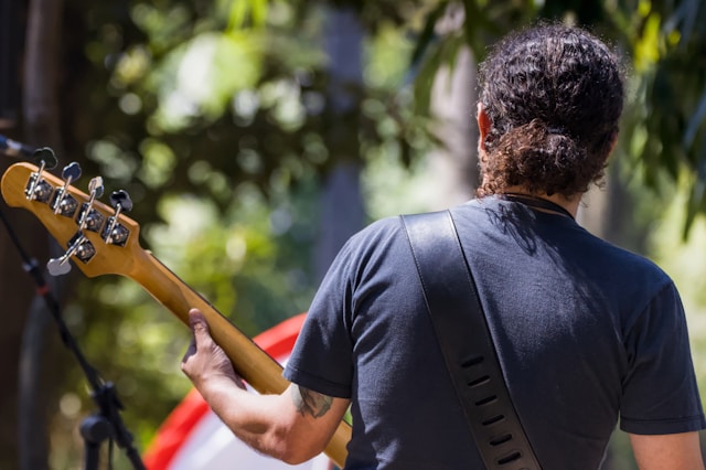guitariste de dos, se produisant aux Trans Musicales